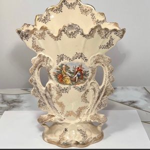 Vintage 9” Portia Royal China 22k Gold Filigree Porcelain Mantle Fan Vase GUC